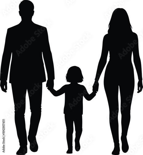 Silhouettes of three people walking hand-in-hand, black figures showing family unity, protection and togetherness illustration concept