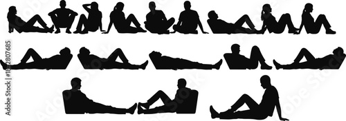 Sitting and reclining silhouettes, casual human poses, relaxed body language, black vector icons, lifestyle illustration, ergonomic posture concept