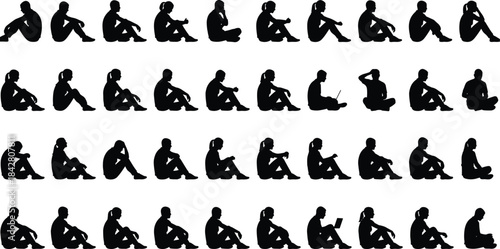 Sitting pose silhouettes, people seated, casual posture, black vector figures, diverse positions, male female icons, rest, relax, tech use