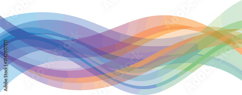 Abstract multicolored wave illustration with flowing ribbons in blue, purple, orange, green, translucent layered design, fluid motion