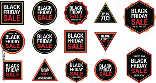 Black Friday sale badge set with 15 promotional icons, discount labels, bold red black white marketing graphics