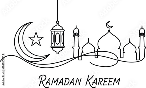 Ramadan Kareem line art with crescent moon, lantern, mosque domes and minarets, Islamic festive illustration, spiritual design