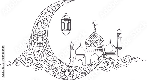 Ramadan decorative line art with crescent moon, lantern, mosque domes and minarets, floral swirl design, Islamic festive illustration