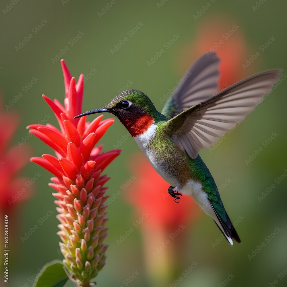 Naklejka premium Hummingbird in flight perched on a flower in nature
