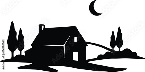 Rural night silhouette with house, trees, crescent moon, winding path, peaceful countryside illustration, black and white landscape