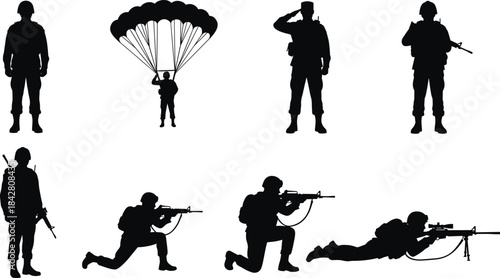 Soldier silhouettes in action, black vector illustration, military poses, rifle aiming, parachuting, saluting, kneeling, combat readiness, army graphic art