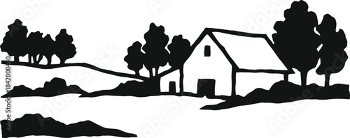 Rural landscape silhouette with barn, trees, rolling hills, black and white countryside illustration, peaceful nature scene
