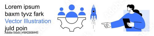 Business teamwork, innovation, project management, startup strategy, leadership, growth. Visual elements include gears, team icons a rocket and a person with a tablet. Teamwork and innovation