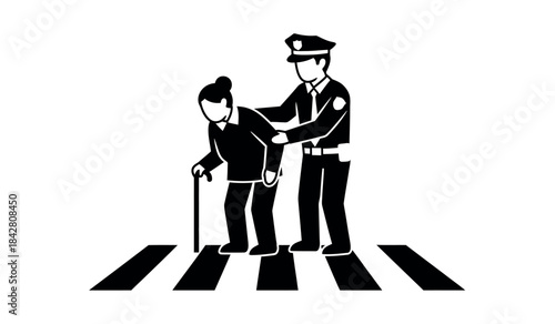 Police officer assists elderly person across crosswalk