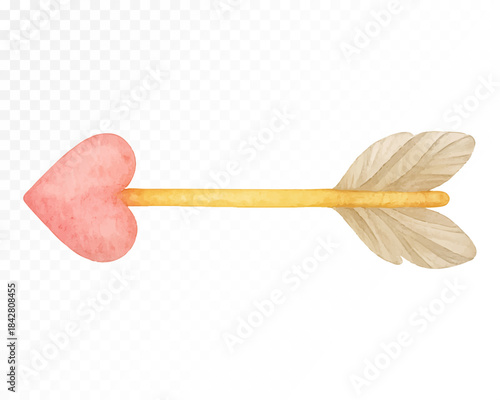 Watercolor love arrow with heart shaped tip and soft feathers, romantic cupid symbol illustration in gentle painted style for valentine, wedding and love designs. Vector illustration.