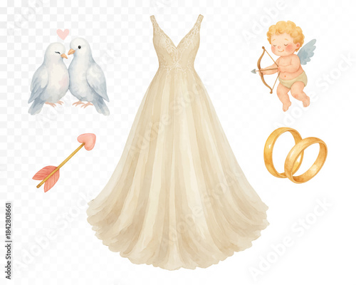 Romantic watercolor wedding clipart with elegant bridal dress, golden rings, cupid angel, white doves and love arrow arranged as delicate celebration symbols for marriage themes. Vector illustration.