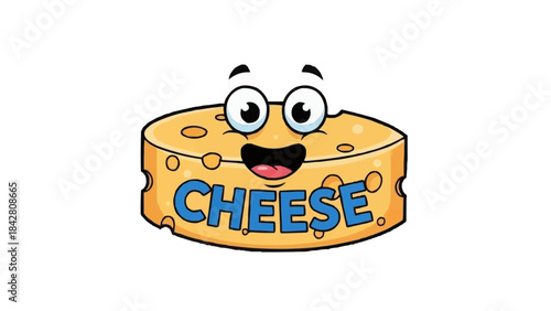Cute cartoon slice of swiss cheese character with happy face and the word cheese