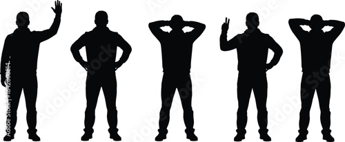 Standing gesture silhouettes, black vector, body language, waving, peace sign, hands on hips, white background, expressive pose, human posture, casual stance