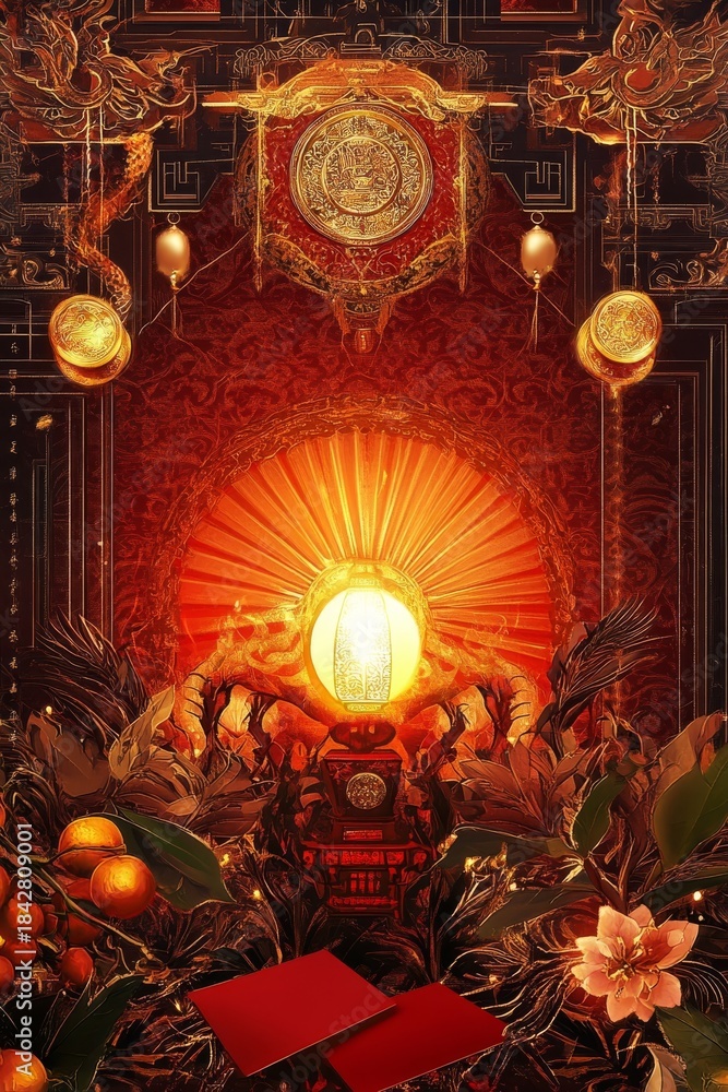 Obraz premium Chinese New Year still life with glowing red lantern, hongbao red envelopes and lucky coins, festive red-and-gold decor and florals, traditional Asian celebration background.