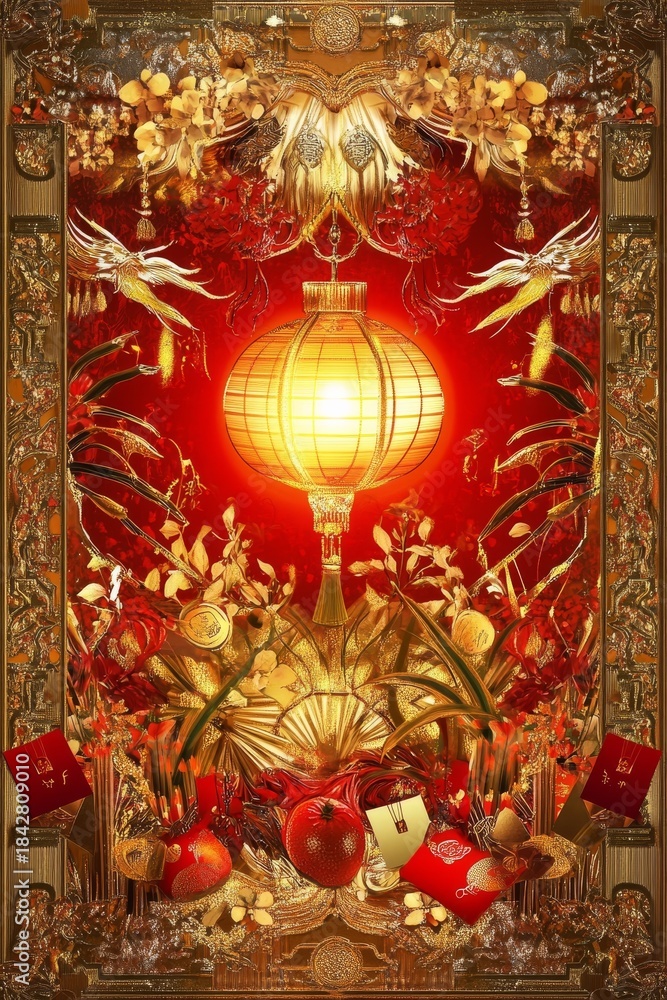Fototapeta premium Chinese New Year still life with glowing red lantern, hongbao red envelopes and lucky coins, festive red-and-gold decor and florals, traditional Asian celebration background.