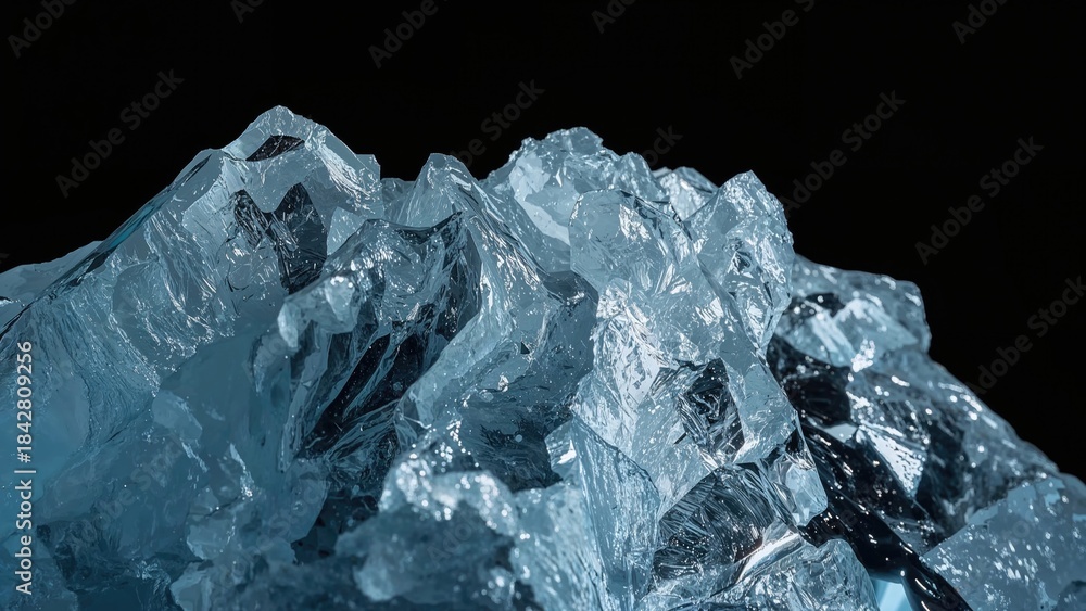 Obraz premium Close-up of ice or glass with sharp, jagged edges and reflective surfaces. Nature and geology, concept. Crystals and mineral formations. The concept of clarity and transparency.