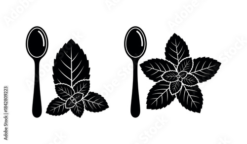 Black and white illustration of spoons and leaves
