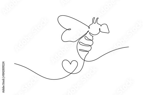 Minimalist continuous one line drawing flying bee heart