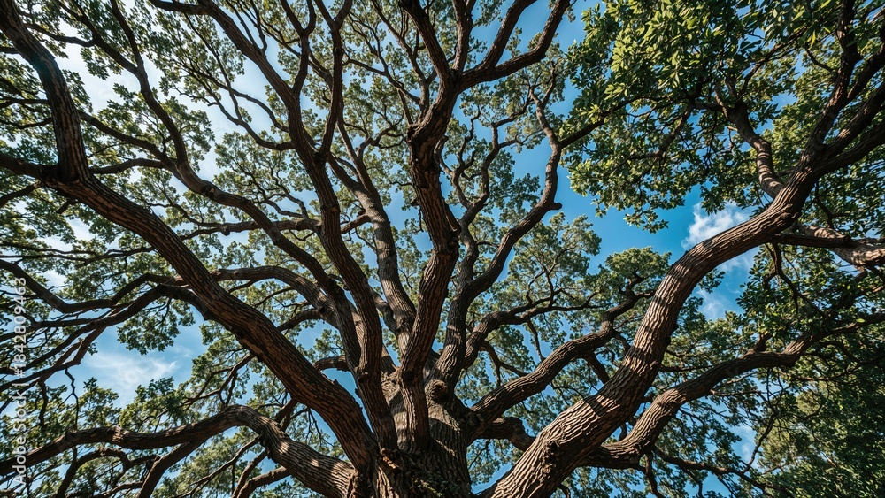 Obraz premium A large tree with sprawling branches and green leaves against a blue sky.
