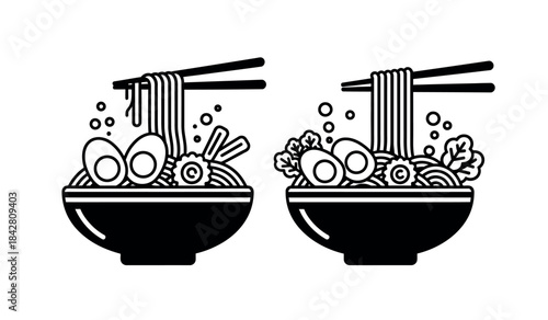 Two steaming bowls of ramen noodles with chopsticks