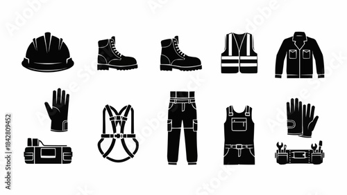 Collection of safety workwear and personal protective equipment icons.