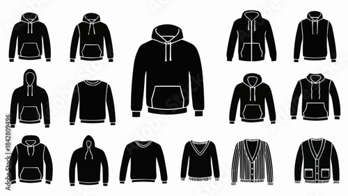 Collection of Black Hoodies Sweatshirts and Cardigans Fashion Apparel Icons.