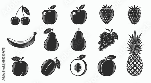 Collection of hand drawn black and white silhouettes of various fruits