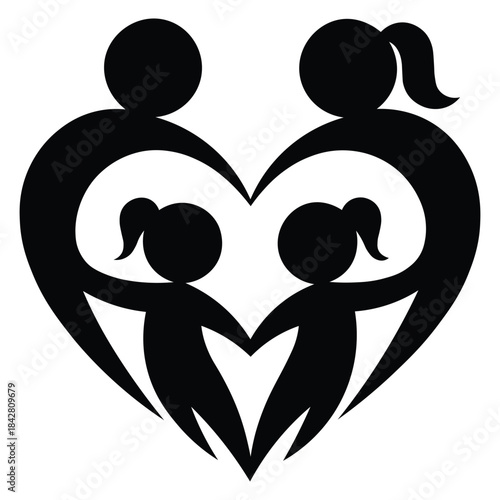 Mother Father Kids Embrace, Family Love Symbol Illustration.