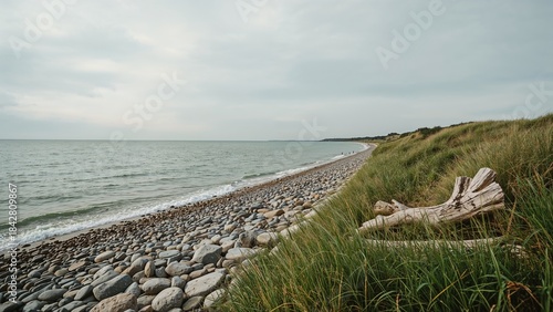 Fototapeta Naklejka Na Ścianę i Meble -  A rocky coastline with grassy dunes and driftwood, under a cloudy sky at the beach.