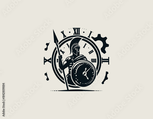 Strong ancient Roman warrior silhouette standing with shield and spear against detailed mechanical clock gear background. Historical steampunk concept