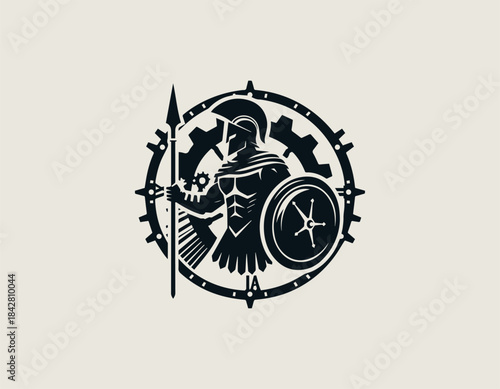 Strong ancient Roman warrior silhouette standing with shield and spear against detailed mechanical clock gear background. Historical steampunk concept