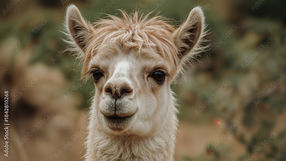 Naklejka premium Close-up of a llama's face, showing its features and expression with a natural outdoor background.