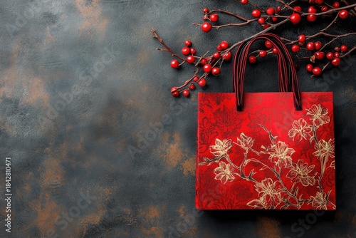 Elegant red gift bag with gold floral pattern on dark textured surface, accented by bright winter berries. Festive seasonal composition evoking warmth, celebration, and refined holiday aesthetics