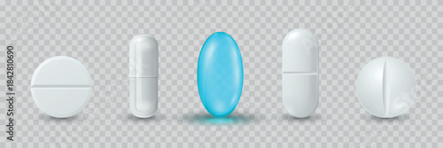 Vector 3d Realistic Pills and Capsule Icon Set. Medicine Tablets, Pharmaceutical Pills Clipart. Vitamins and Supplements Design Template. Isolated Medical Capsules