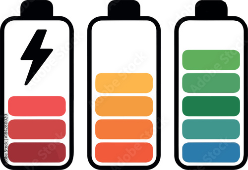 Create Battery level indicators. Colorful battery charge level icons. Battery power level pictograms in outline style. Vector art white background.