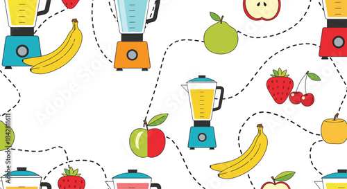 Illustration of colorful blenders and fresh fruits arranged in a playful seamless pattern for kitchen decor and healthy living themes.