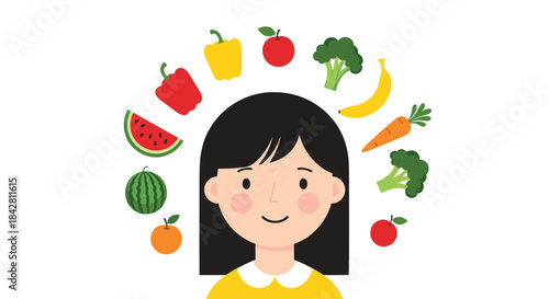 Portrait of a cheerful girl surrounded by a colorful circle of fruits and vegetables including peppers banana broccoli watermelon orange carrot and apple.