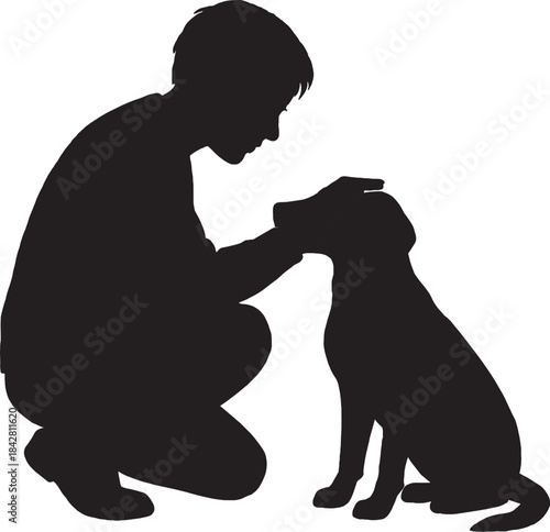 Man Squatting Petting Cat Silhouette Vector Illustration