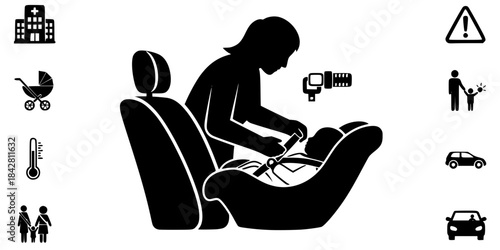 Baby Car Seat Discharge Safety Vector Silhouette
