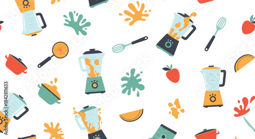Lively seamless pattern featuring kitchen blenders spoons spatulas cups and bright fruit pieces arranged in a playful colorful design for textiles and graphics.