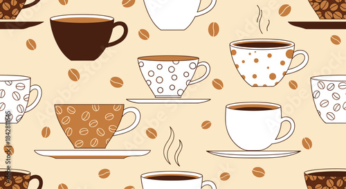 Cozy coffee cup pattern illustration featuring assorted mugs saucers and scattered coffee beans on a warm beige background bringing a comforting cafe vibe.