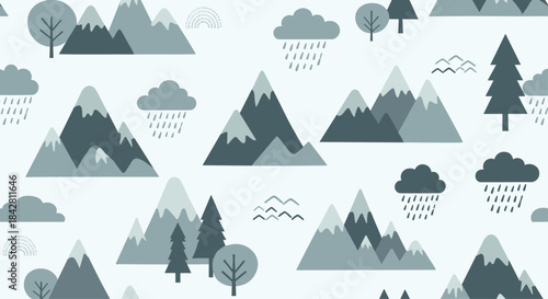 Mountain landscape pattern with layered blue hills trees clouds and rain portraying a calm stylized outdoor scene in a repeating seamless design for use.