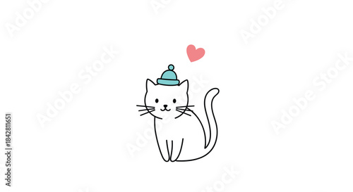 Cozy illustration of a small white cat wearing a blue beanie and smiling softly with a pink heart floating above its head.