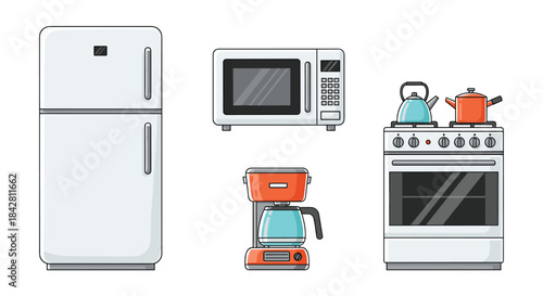 Collection of kitchen appliances including a refrigerator a microwave a coffee maker and a gas stove with kettles in a modern home kitchen.