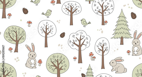 Gentle winter woodland scene with rabbits birds bare trees evergreens mushrooms pinecones and soft snow in a calm pastel palette suitable for a pattern.