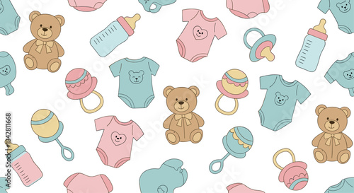 Pastel baby items pattern with teddy bears bottles rattles pacifiers onesies and bibs arranged playfully for nursery decor.