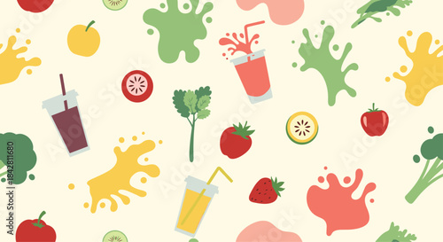 Vibrant collage of fruit juice splashes and colorful drinks with scattered fresh fruit and vegetables creating a lively playful pattern for wellness visuals.