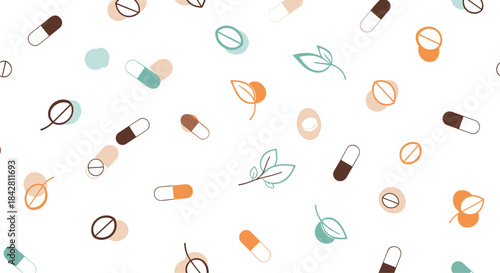 Colorful capsules and leaves swirl across a clean white background forming a seamless pattern that suggests medicine health care and natural wellness.