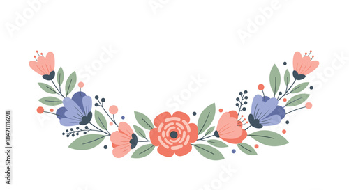 Floral arc motif featuring pink coral flowers blue blossoms and soft green leaves arranged in a graceful curved design suitable for decorative use.