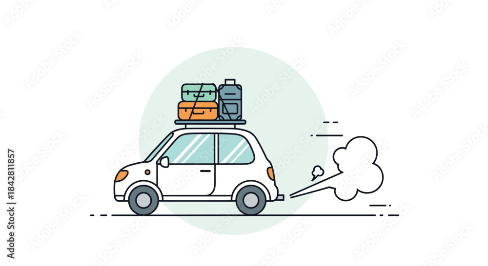 Fototapeta premium Compact car speeds along a road with luggage strapped to the roof for a weekend road trip and a puff of exhaust trailing behind.